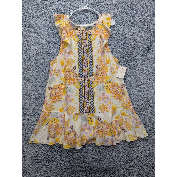 NWT Free People Linen Summer in Tulum Floral Mini Dress Womens M Colorful Yellow - Picture 1 of 11